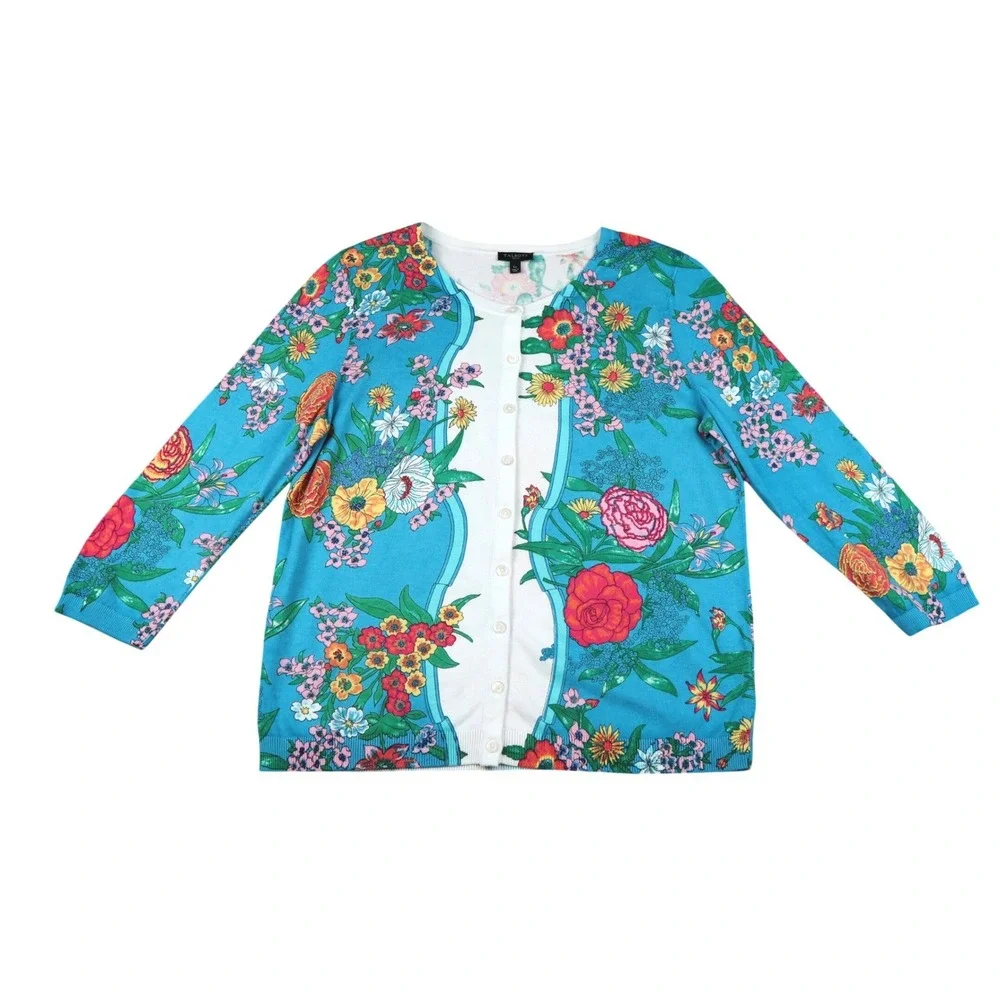 Talbots Women's Aqua Teal Floral Garden Print Button Front‎ Cardigan Sweater LP